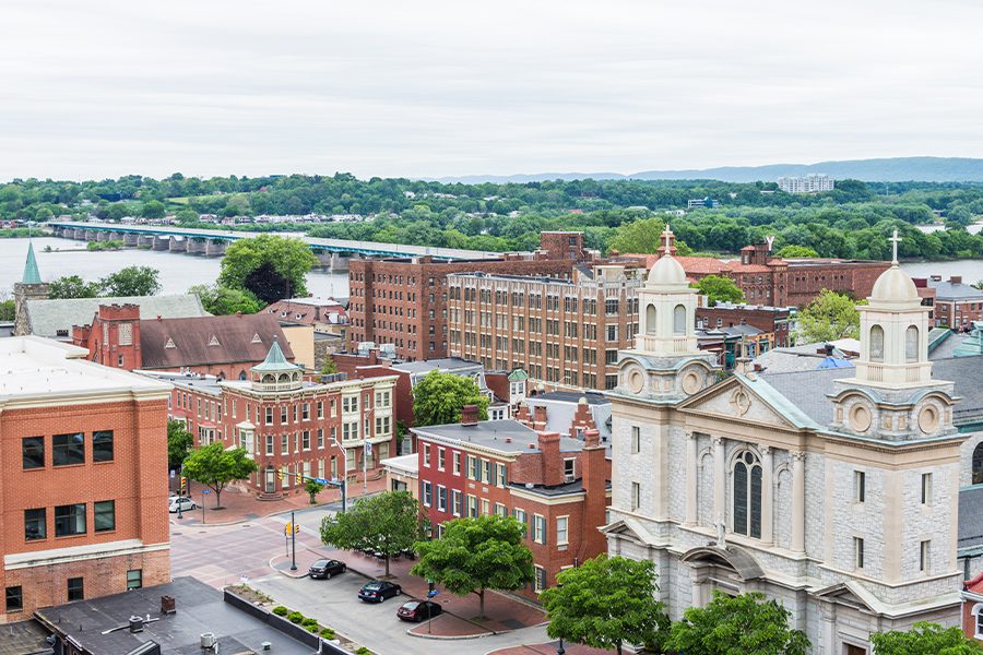 Contact - Aerial of Historic Downtown Harrisburg, Pennsylvania and Surrounding Areas next to the Capitol