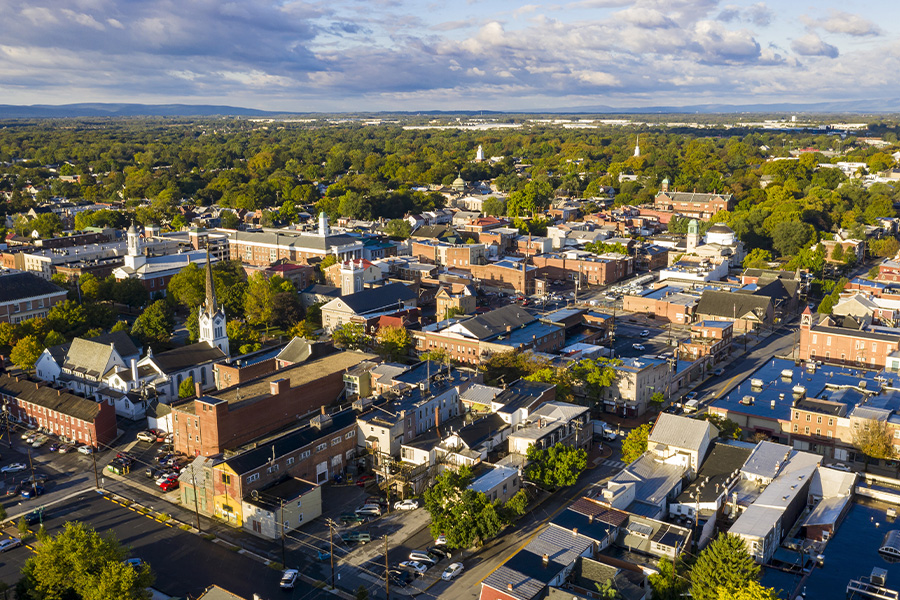 Pennsylvania - Early Morning Aerial View Over Downtown City Skyline Carlisle, Pennsylvania